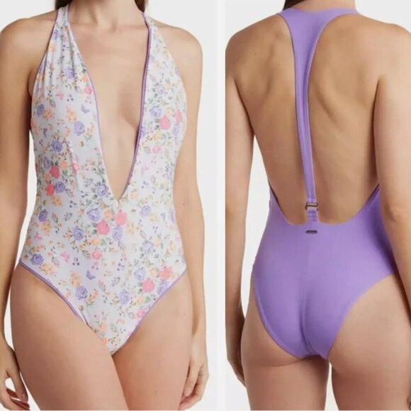 Maaji‎ Deep Scoop Tie Dye Reversible One Piece Swimsuit Small Pink Purple Halter - Picture 7 of 7